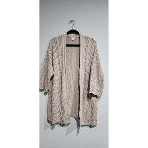 J Jill Sweater Womens M Beige Long Length Cardigan Open Cable Knit 3/4 Sleeves